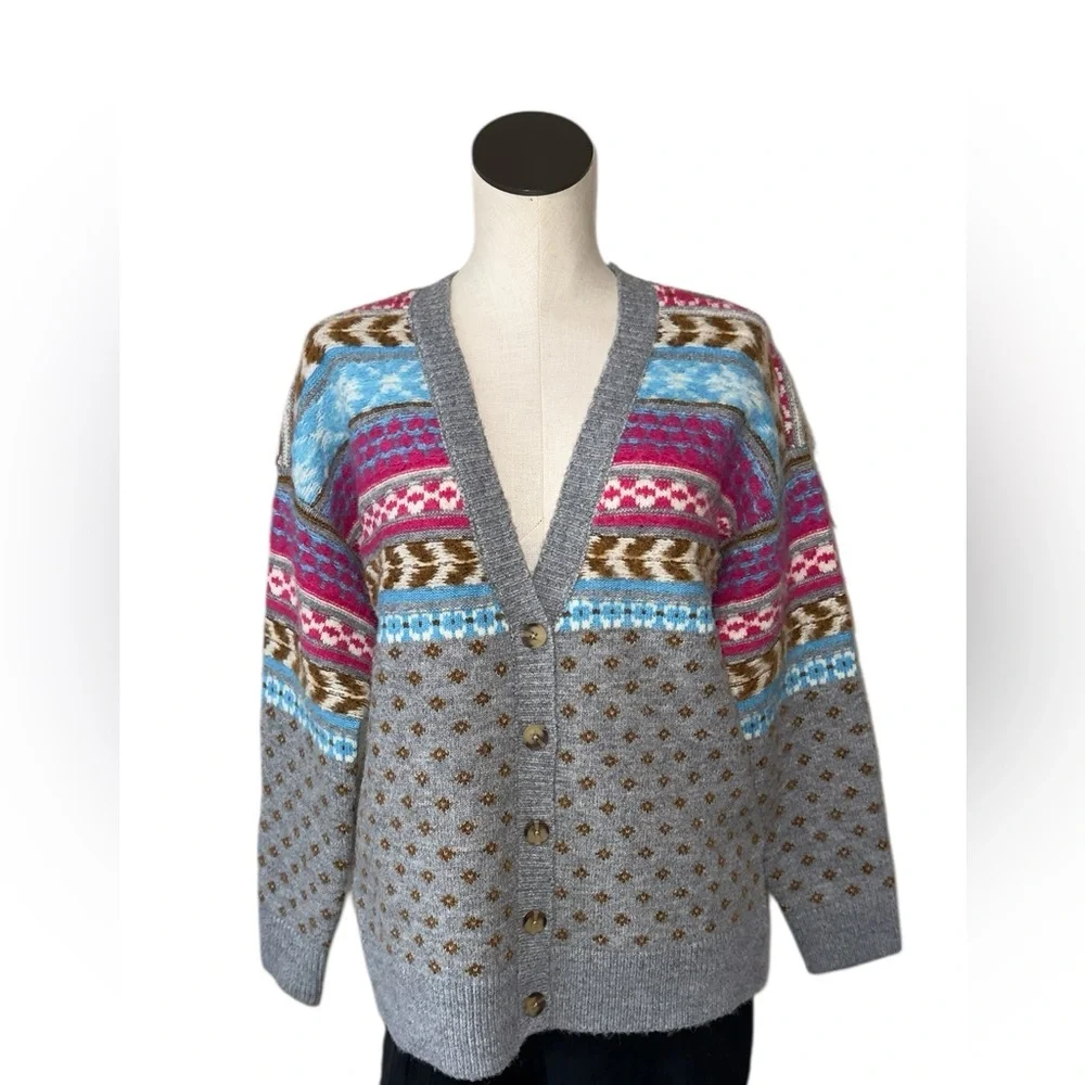 NWT Lucky Brand Fair Isle Knit Cardigan Sweater Small Colorful Stripe Wool Blend